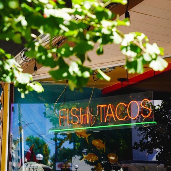 Neon sign for "FISH TACOS" glowing orange and green in a restaurant window, seen through green leaves.
